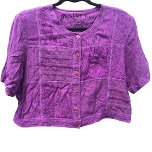 Vintage womens cropped button up shirt L cats purple patchwork western halloween